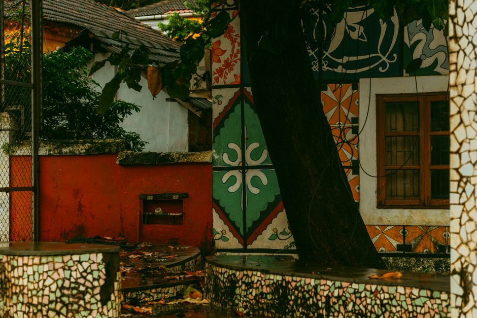 Painted wall with window frames and a tree in front